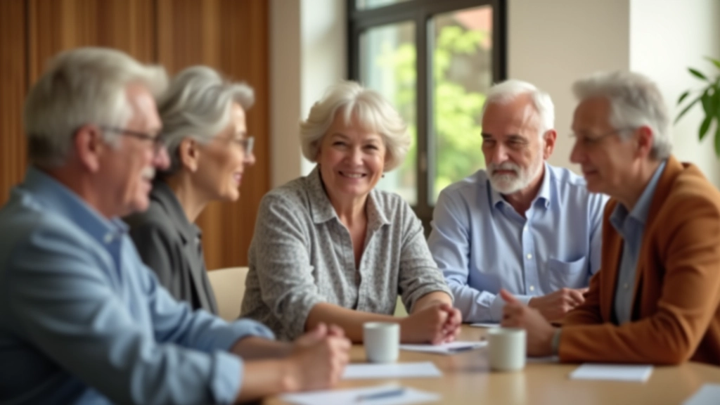 Grupo de adultos maduros em sessão de coaching em ambiente colaborativo