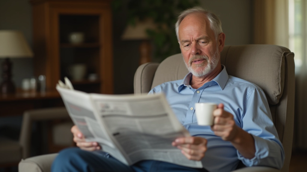 Pessoa madura com xícara de chá sentada em poltrona confortável lendo jornal
