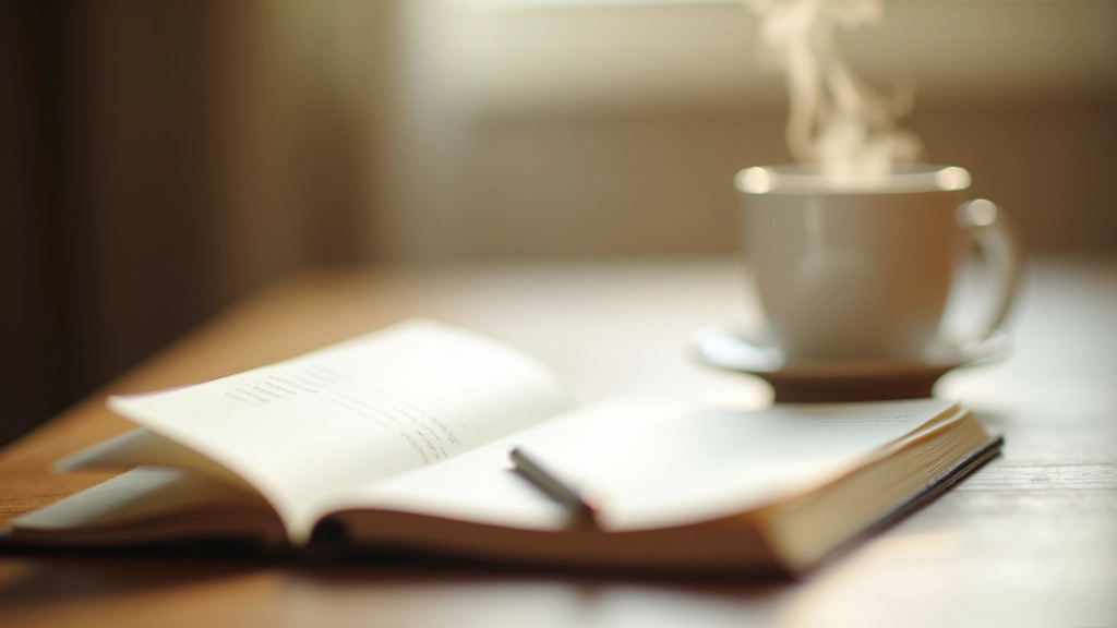 Caderno aberto com anotações à mão sobre mesa de madeira, café ao lado, luz matinal suave