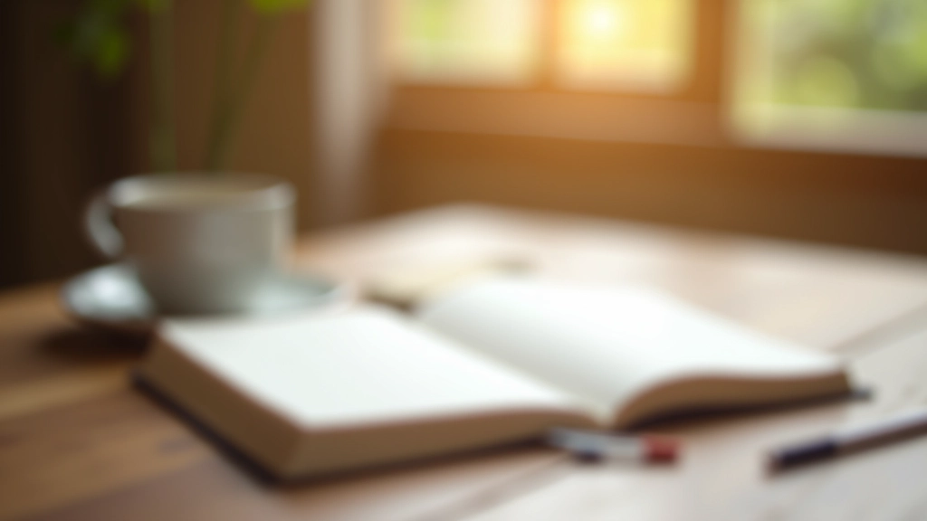 Caderno aberto com caneta e xícara de café em mesa de madeira, luz natural suave, ambiente tranquilo e inspirador