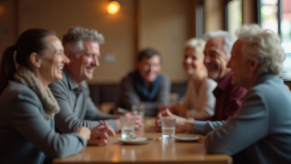 Grupo de amigos conversando em café aconchegante, risos e interação genuína