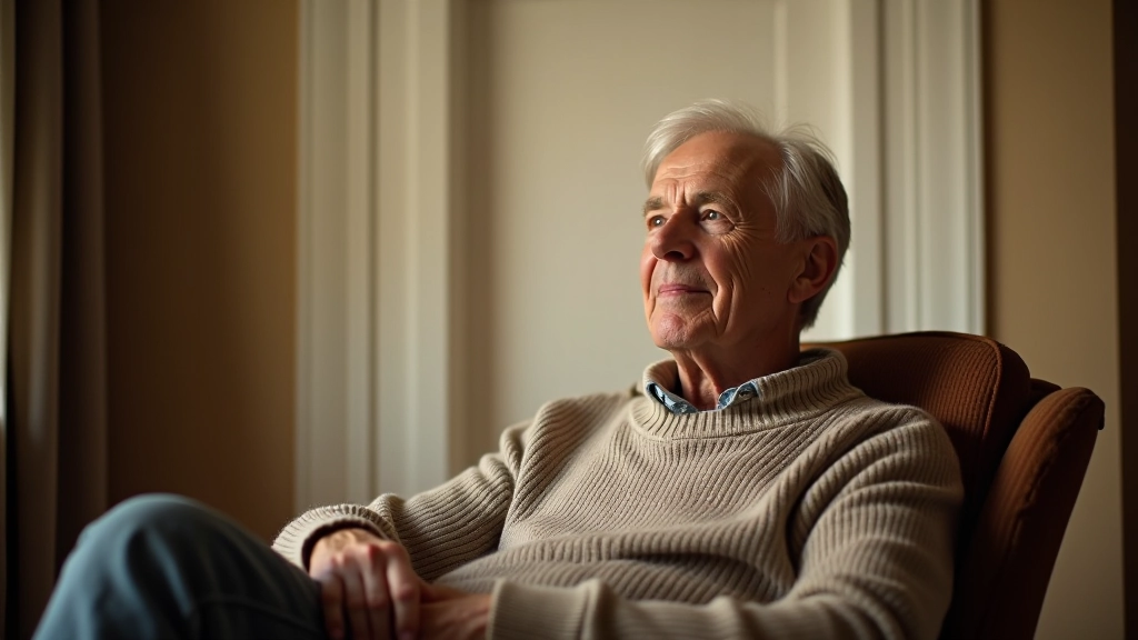 Pessoa em reflexão, sentada confortavelmente em poltrona com luz natural, expressão pensativa e serena