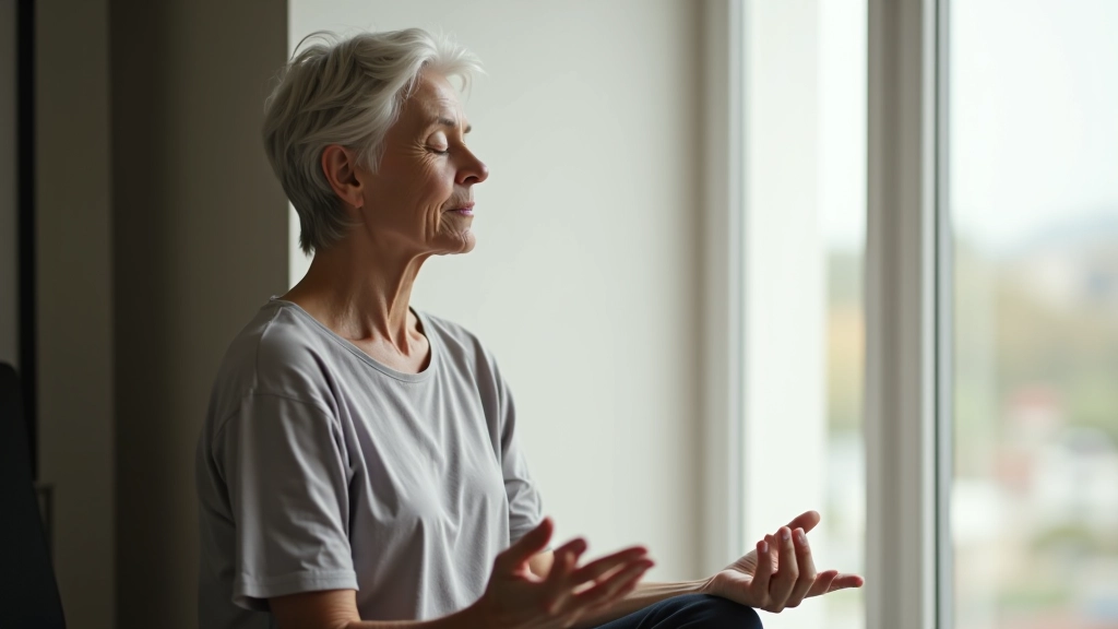Pessoa em meditação perto de janela, expressão calma, ambiente sereno e minimalista