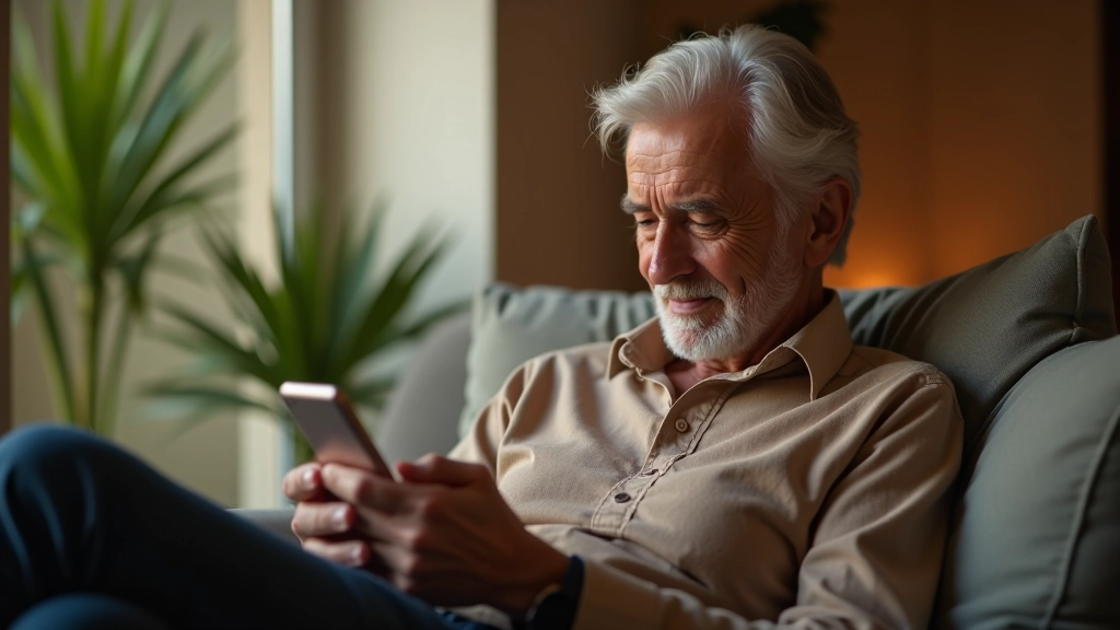 Pessoa usando smartphone para conectar com grupos online, ambiente aconchegante