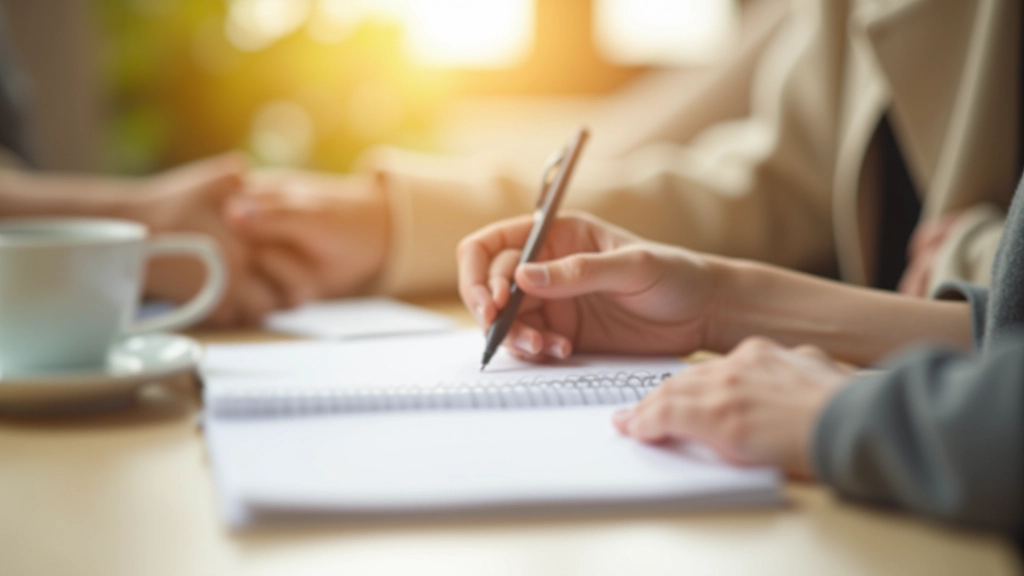 Mão de pessoa madura anotando em agenda ou diário com caneta sobre mesa de madeira clara