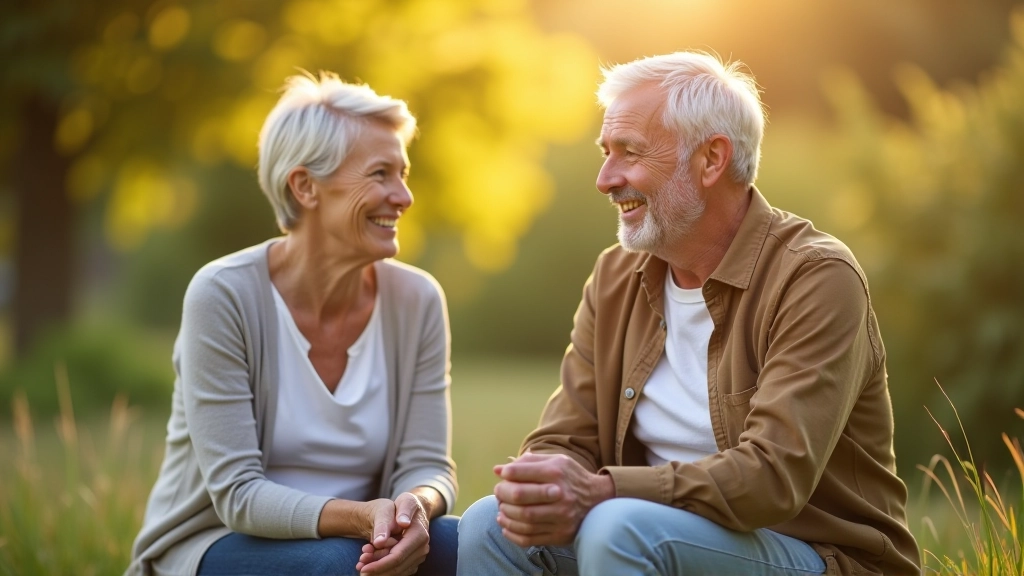 Duas pessoas de meia-idade em conversa significativa em ambiente natural, expressão atenta e conectada